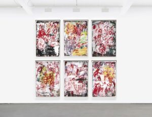 Aida Tomescu, Torn through the white I - VI, 2024-2025, installation view, IFPDA Print Fair, Park Avenue Armory, New York. Photography courtesy Jenni Carter